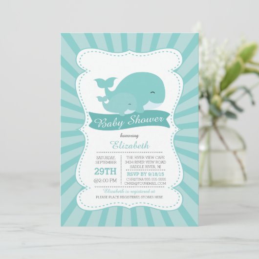 かわいいママとベビーホエールボーイズ赤ちゃんシャワー 招待状 (スタンド正面)