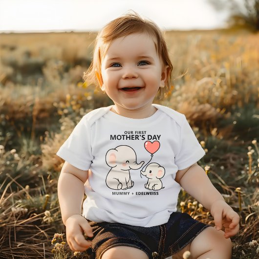 かわいいママと赤ちゃんのゾウ　最初の母の日 ベビーボディスーツ