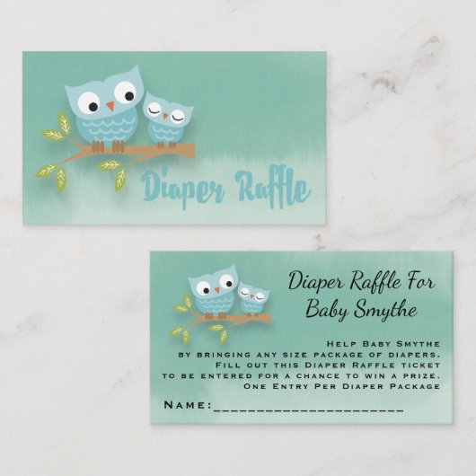 かわいいママのフクロウおよびベビーのフクロウのおむつのラッフルのチケット エンクロージャーカード (正面/裏面)