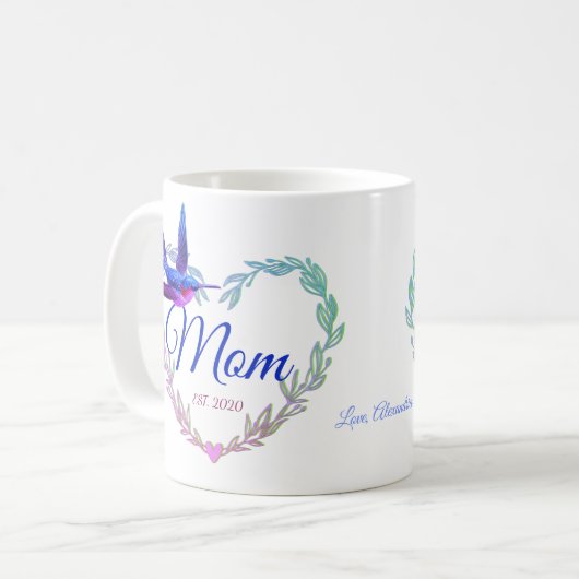 かわいいママハートハミングバードパープルブルーコーヒーマグ コーヒーマグカップ (正面左)