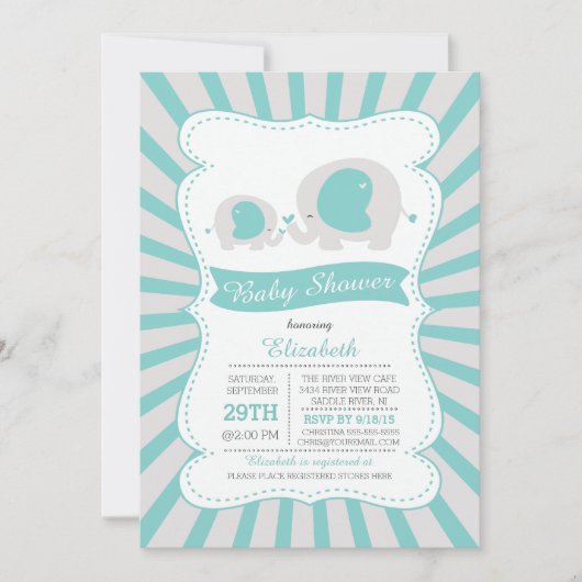 かわいいママベビーゾウ男の子赤ちゃんシャワー 招待状 (正面)