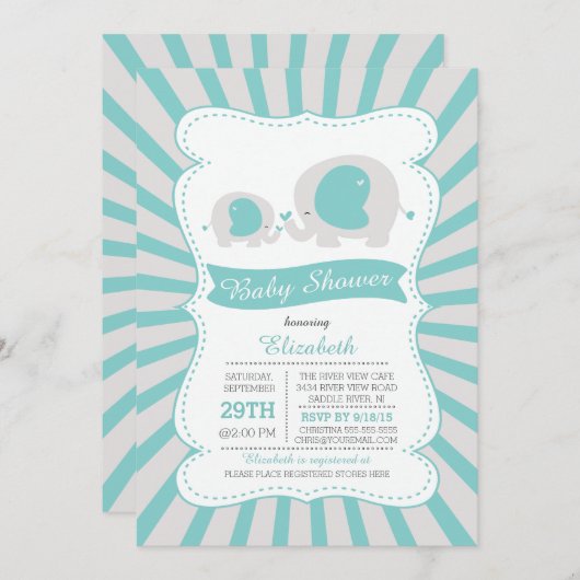 かわいいママベビーゾウ男の子赤ちゃんシャワー 招待状 (正面/裏面)