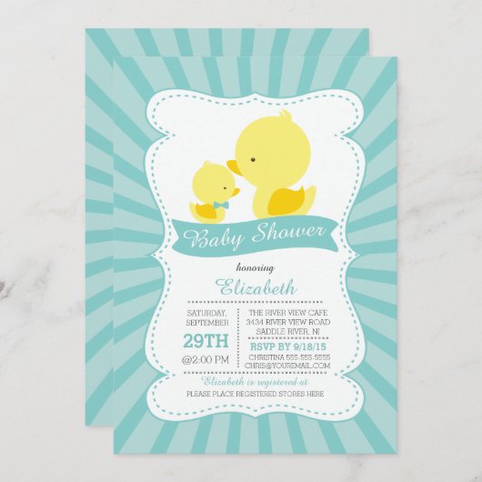かわいいママベビーダックニュートラルボーイズ赤ちゃんシャワー 招待状 (正面/裏面)