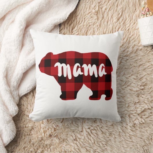かわいいママ熊のデザイン、素朴な赤い黒い格子柄 クッション (ブランケット)