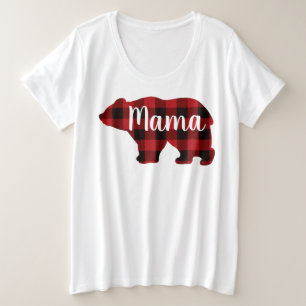 かわいいママ熊デザイン赤い格子柄ママの日ギフト プラスサイズTシャツ