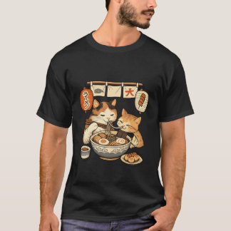 かわいいママ猫と子猫のラーメンTシャツ - かわいい日本文化 Tシャツ