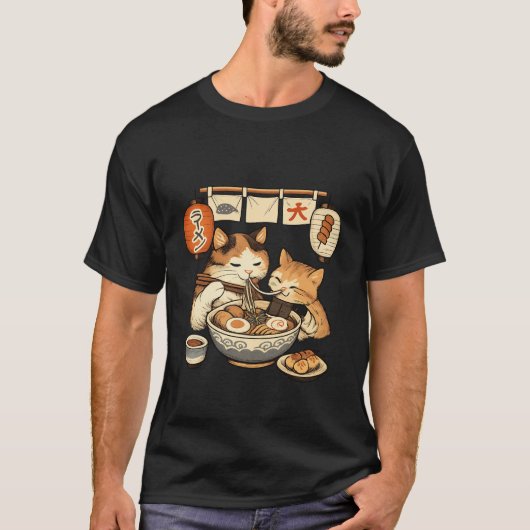 かわいいママ猫と子猫のラーメンTシャツ - かわいい日本文化 Tシャツ (正面)