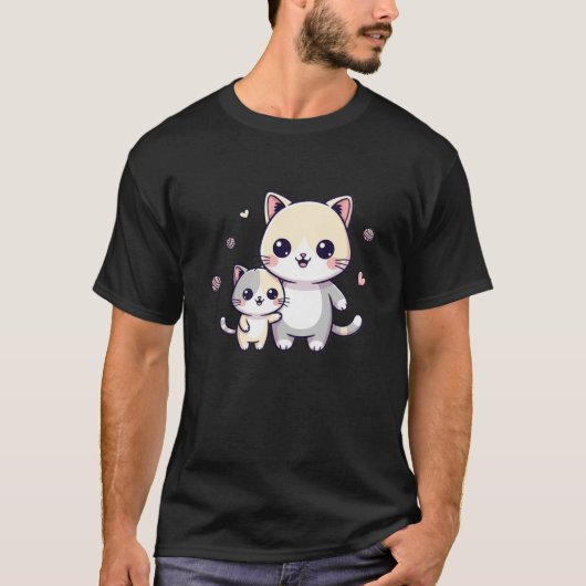 かわいいママ猫と子猫の糸とハート Tシャツ (正面)