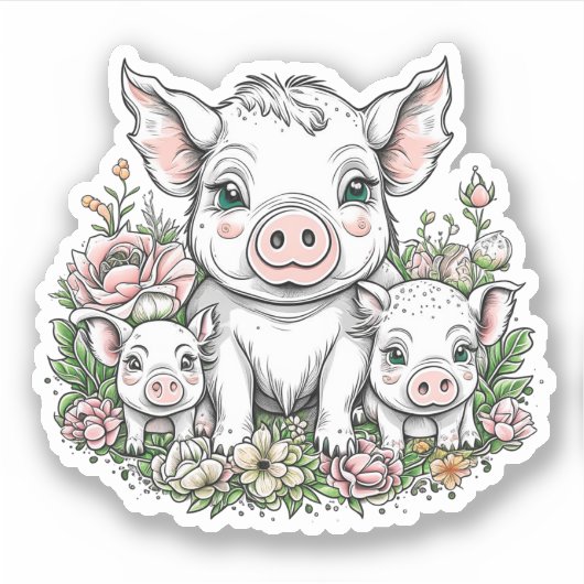 かわいいママ豚と子豚の花 シール (正面)
