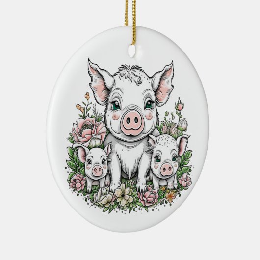 かわいいママ豚と子豚の花 セラミックオーナメント (右)