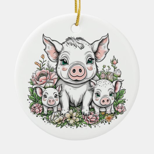 かわいいママ豚と子豚の花 セラミックオーナメント (正面)