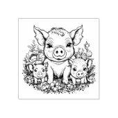 かわいいママ豚と子豚の花 ラバースタンプ (インプリント)