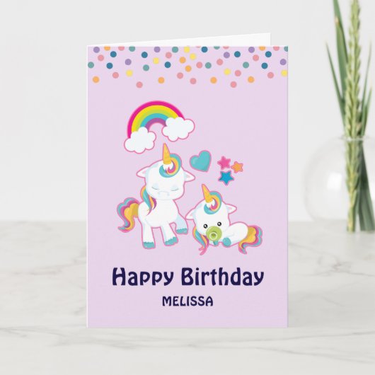 かわいいママ & ベイビー ユニコーンの魔法の誕生日 カード (正面)