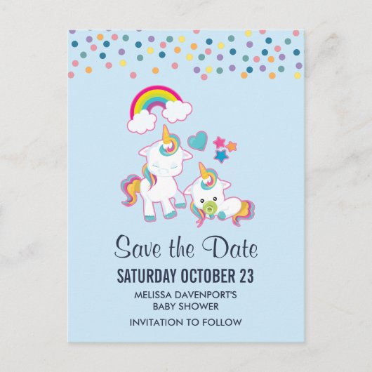 かわいいママ & ベイビー ユニコーン 魔法の Save the Date ポストカード (正面)
