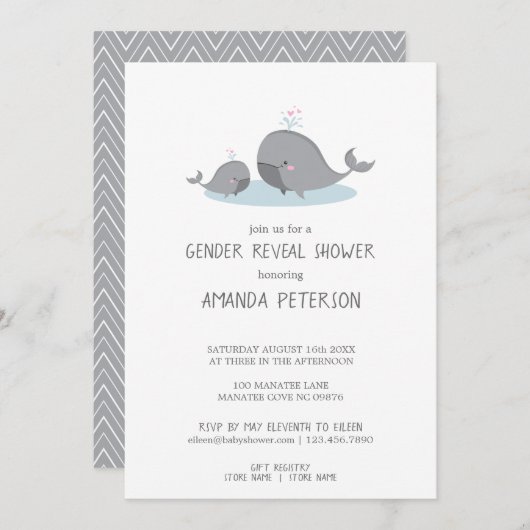 かわいいママ&ベビークジラブルーシェブロンジェンダーリビール 招待状 (正面/裏面)