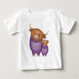 かわいいママ&ベビーハイランド牛の子供のTシャツ ベビーTシャツ