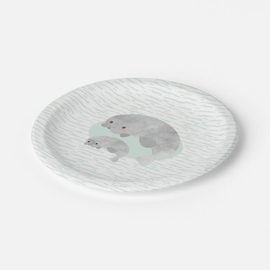 かわいいママ&ベビーマナティーwithウェーブベビーシャワー ペーパープレート (アングル)