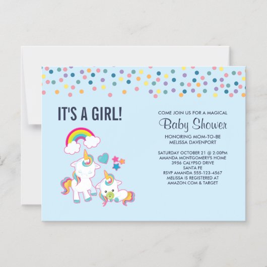 かわいいママ&ベビーユニコーンマジカルベイビーシャワー マグネット招待状 (正面)