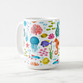 かわいいマリンライフカラフルマンガイラストレーション コーヒーマグカップ (正面左)