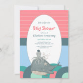 かわいいマリン クジラ タコ ピンクのベイビーシャワー 招待状 (正面)