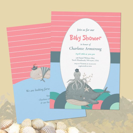 かわいいマリン クジラ タコ ピンクのベイビーシャワー 招待状