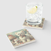 かわいいマルチーズパピー絵を描ズ ストーンコースター (横)