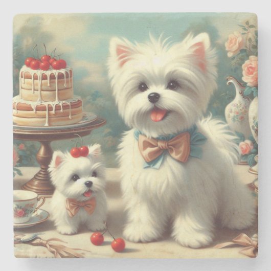かわいいマルチーズパピー絵を描ズ ストーンコースター (正面)