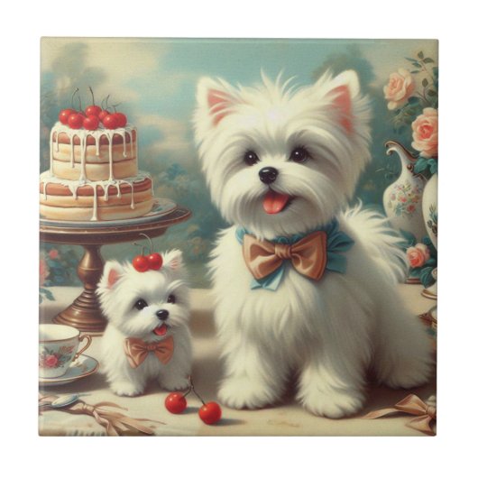 かわいいマルチーズパピー絵を描ズ タイル (正面)