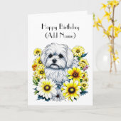 かわいいマルチーズパーソナライズされた誕生日 カード (黄色い花)