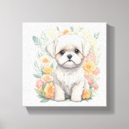 かわいいマルチーズ子犬と夏の花ウォールアート キャンバスプリント
