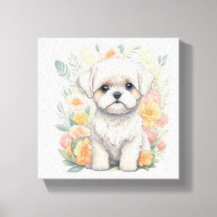 かわいいマルチーズ子犬と夏の花ウォールアート キャンバスプリント