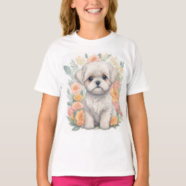 かわいいマルチーズ子犬と夏の花Tシャツ Tシャツ