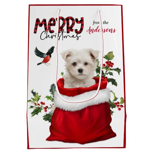 かわいいマルチーズ子犬のクリスマス ミディアムペーパーバッグ (裏面)