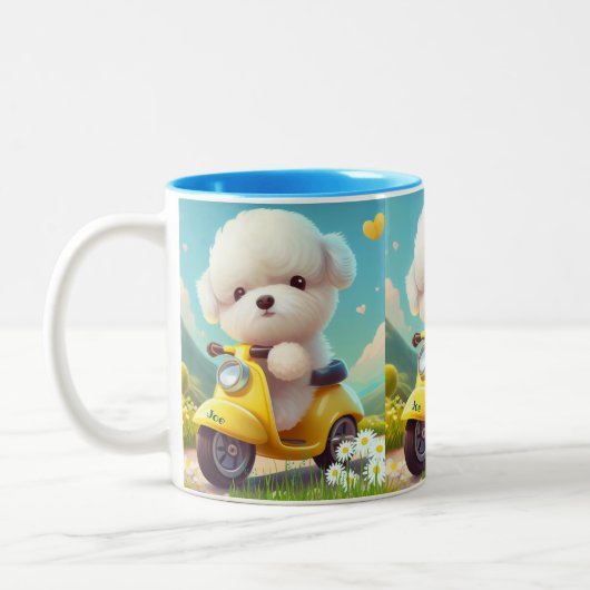 かわいいマルチーズ子犬イエロースクーターパーソナライズされた ツートーンマグカップ (左)