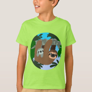かわいいマンガのお母さんナマケモノと男の赤ちゃんのTシャツ Tシャツ