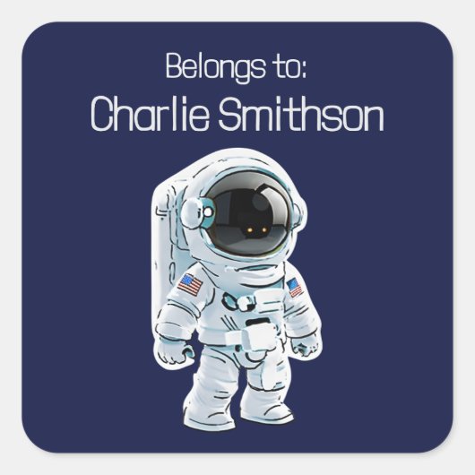かわいいマンガのアメリカ人宇宙飛行士の名前ラベル スクエアシール (正面)