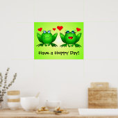 かわいいマンガのカエルはホッピーな日の緑 ポスター (キッチン)