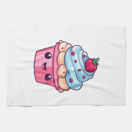 かわいいマンガのカップケーキ幸せスマイル キッチンタオル