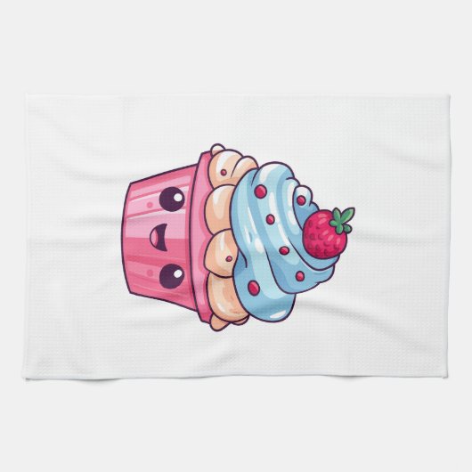 かわいいマンガのカップケーキ幸せスマイル キッチンタオル (横)
