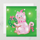 かわいいマンガのクリスマスキャットホールディングリース シーズンカード (正面/裏面)