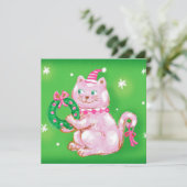 かわいいマンガのクリスマスキャットホールディングリース シーズンカード (スタンド正面)