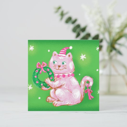 かわいいマンガのクリスマスキャットホールディングリース シーズンカード (スタンド正面)