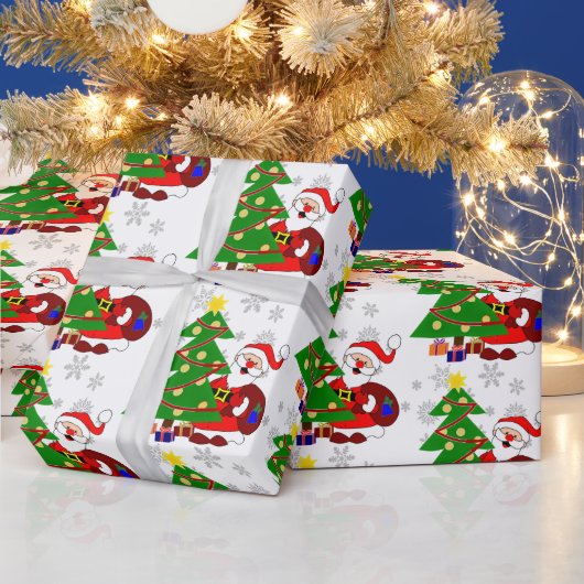 かわいいマンガのサンタとクリスマスツリーキッズ ラッピングペーパー (クリスマス)