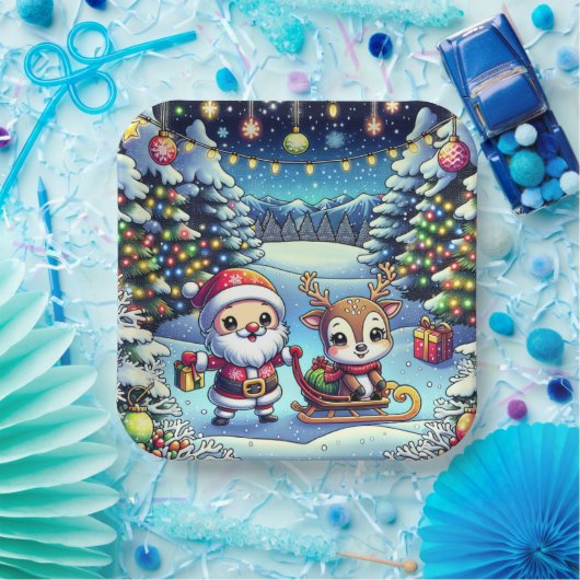 かわいいマンガのサンタとトナカイのクリスマス ペーパープレート (パーティー)