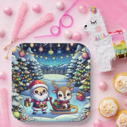 かわいいマンガのサンタとトナカイのクリスマス ペーパープレート (パーティー)