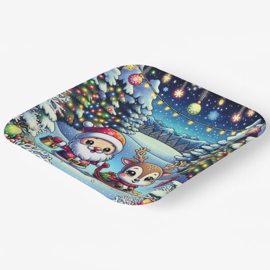 かわいいマンガのサンタとトナカイのクリスマス ペーパープレート (傾斜あり)