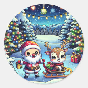 かわいいマンガのサンタとトナカイのクリスマス ラウンドシール
