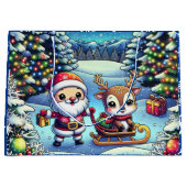 かわいいマンガのサンタとトナカイのクリスマス ラージペーパーバッグ (正面)