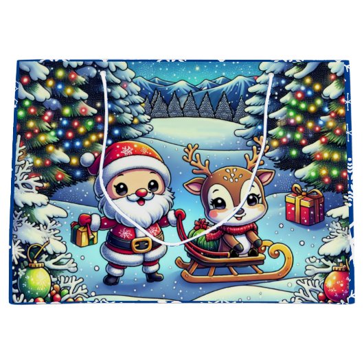かわいいマンガのサンタとトナカイのクリスマス ラージペーパーバッグ (正面)