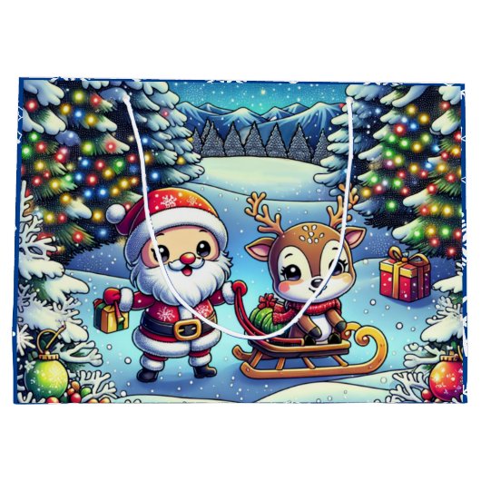 かわいいマンガのサンタとトナカイのクリスマス ラージペーパーバッグ (裏面)